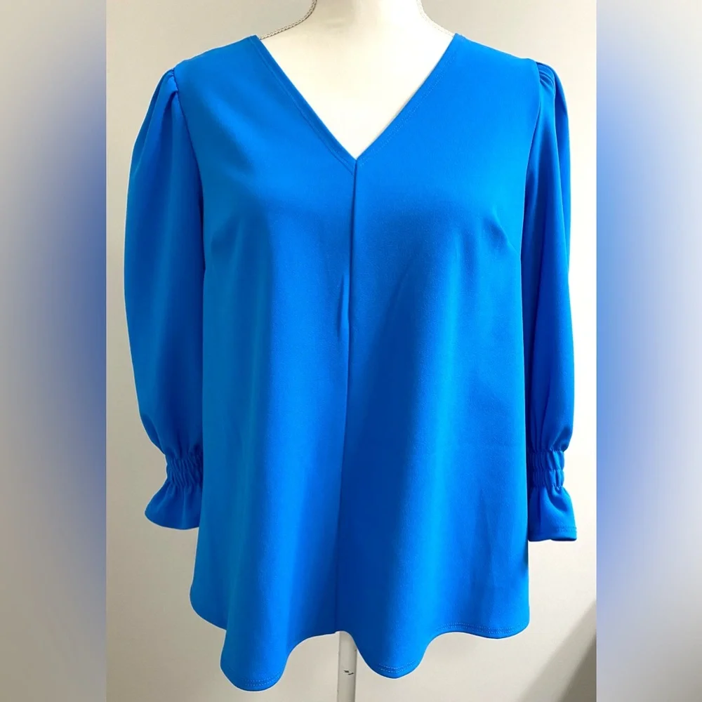 2 Hearts Womens S Solid Blue Ruffle V-Neck Top Coastal Grandma Feminine Boho - Picture 13 of 13